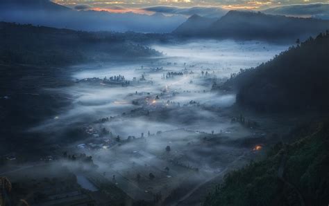 Cityscape Indonesia Sunrise Mist Mountain Clouds Forest Morning Valley
