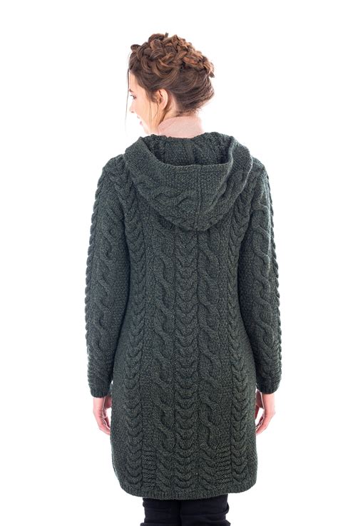women aran cable knit hooded coatigan full zip side pockets irish cardigan ebay