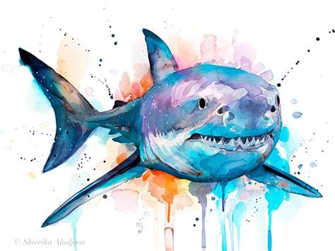 Great White Shark Watercolor Painting Print By Slaveika Etsy Shark