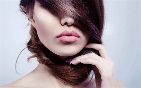 Hair In Face Lipstick Model Women Brunette Face Simple Background