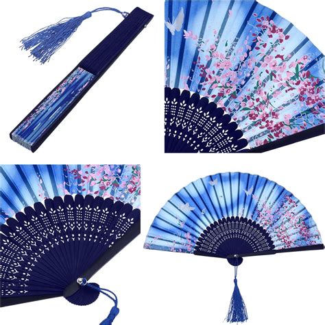 2 Pieces Folding Fans Handheld Fans Bamboo Fans With Tassel Womens