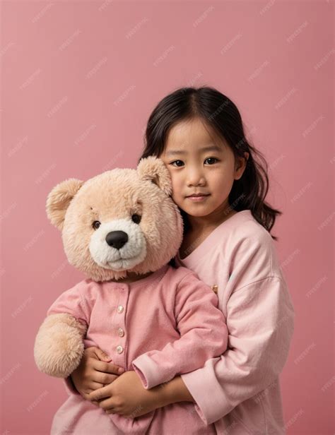 Premium Ai Image Asian Cute Little Asian Child Girl Hugging Teddy