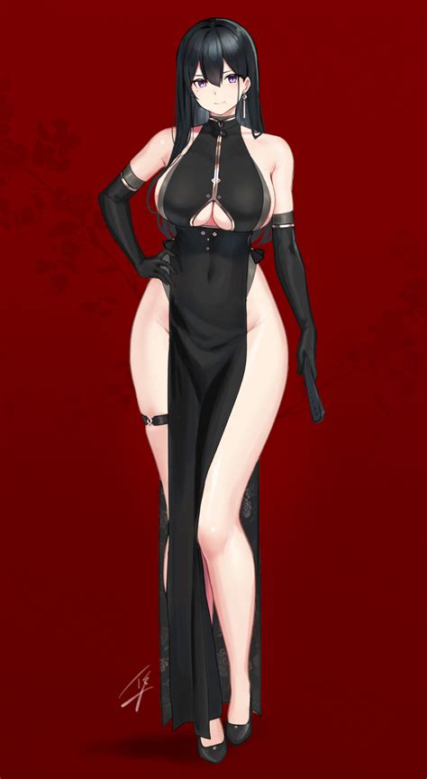 Hayabusa Original Commentary Request Highres 1girl Bare Shoulders Black Dress Black