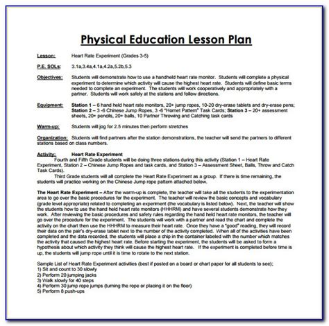 Lesson Plan Examples For Pe