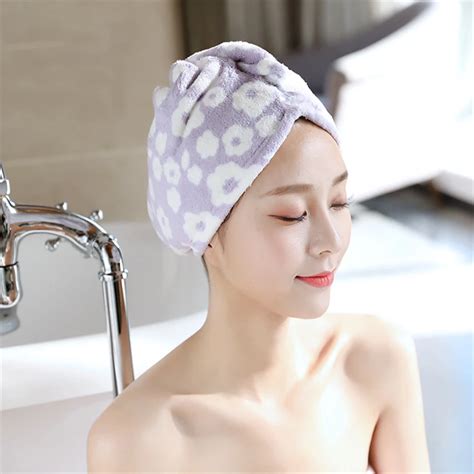 Hair Drying Cap Coral Fleece Printed Plain Color Soft Thickening Dry