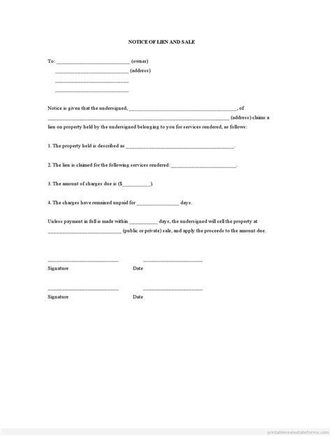 Free Printable Notice Of Lien And Sale Form Pdf Word