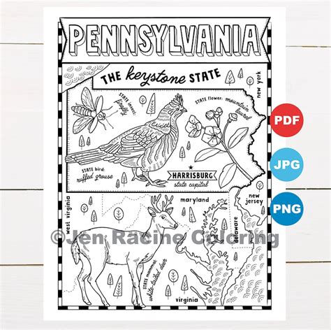 Pennsylvania Coloring Page United States State Map Etsy Denmark