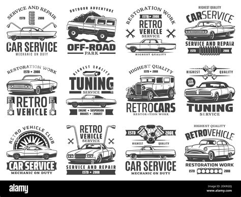 Retro Car Icons Of Auto Repair Tuning And Restoration Service Vector