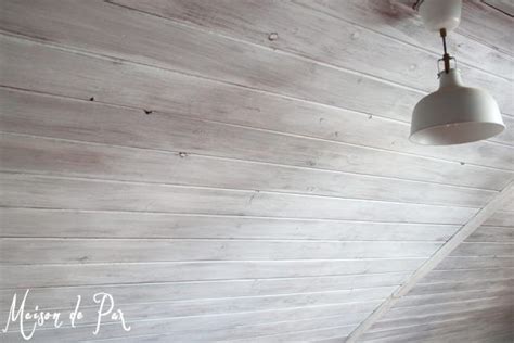 How To Whitewash A Plank Wall And Ceiling Wood Plank Ceiling Shiplap