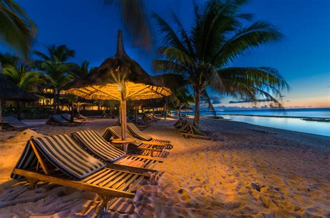 Mauritius Tropics Coast Evening Sand Palma Street Lights