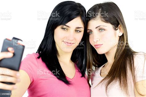 Cute Girls Taking Selfie Smiling Isolated Stock Photo Download Image