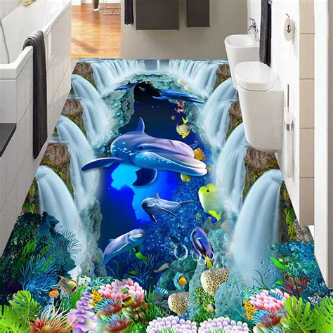 Custom 3d Floor Mural Wallpaper Waterfall Underwater World Dolphin 3d