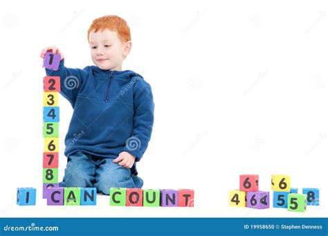 Boy Child Counting Numbers With Kids Blocks Stock Photo Image Of
