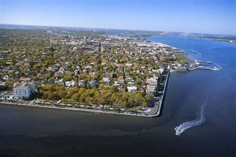 Charleston South Carolina Aerial View Of Harbor And Buildings In