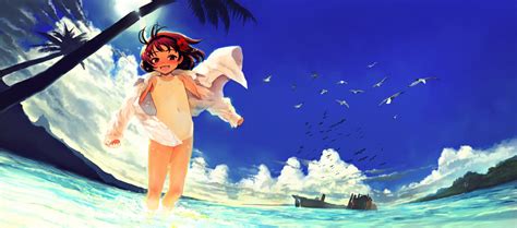 Sasahara Yuuki Original 1girl Beach Blush Cloud Day Fisheye