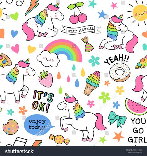 Cute Colorful Unicorn Doodle Elements Seamless Stock Vector Royalty