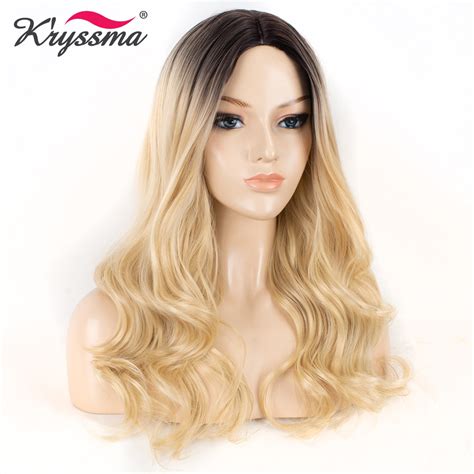Long Blonde Synthetic Wigs For Women Wavy Wig Ombre Dark Roots To