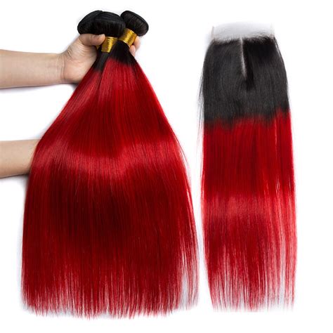 Alibele 1b Red Ombre Straight Hair Bundles With Closure Remy Human Hair