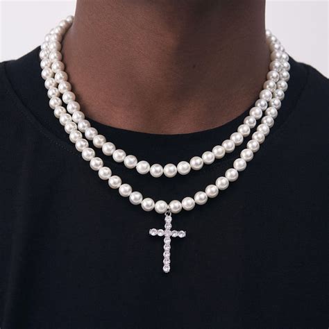 Mens Pearl Necklace With Cross Amazing Men Pearl Necklaces
