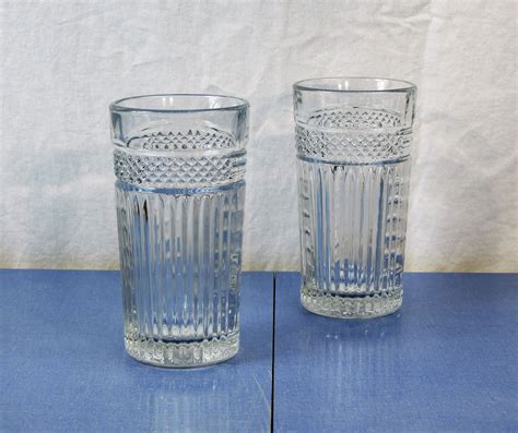 Vintage Glass Tumblers 2 16 Oz Libbey Usa Clear Ribbed Glasses Hobnail Diamond Kitchen