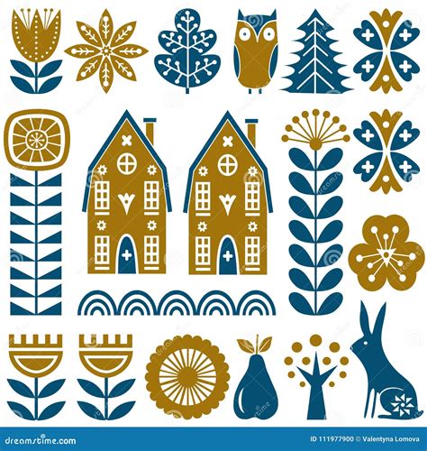 Scandinavian Folk Art Seamless Vector Pattern With Flowers Trees