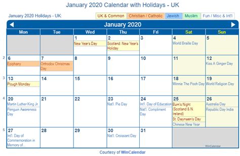 Print Friendly January 2020 Uk Calendar For Printing