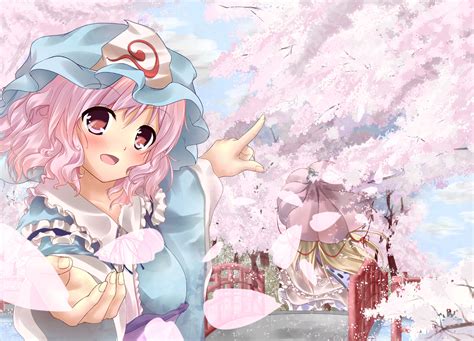 Cherry Blossoms Dress Flowers Hat Maisaki Miyabi Petals Pink Hair
