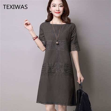 Texiwas 2018 Spring Summer New Hollow Long Paragraph Large Dress Womens Fashion Cotton Linen
