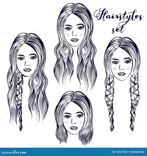 Fashion Illustration With Young Woman Different Hairstyles Stock Vector