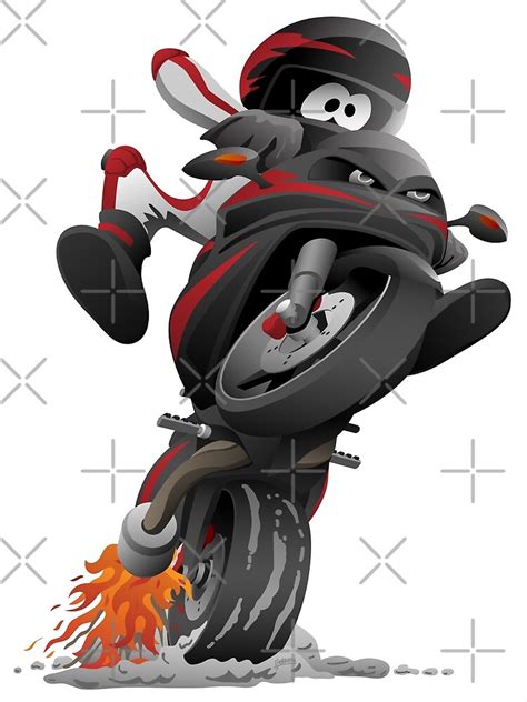 Sportbike Motorcycle With A Funny Biker Popping A Wheelie Cartoon
