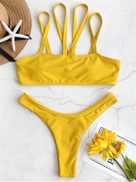 36 Off 2021 Zaful Strappy High Leg Bikini Set In Bee Yellow Zaful