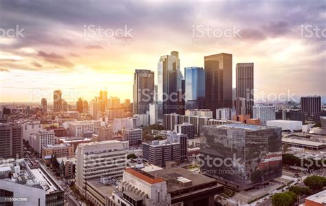 Downtown Los Angeles Skyline At Sunset Stock Photo