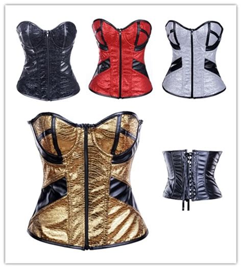 faux leather zipper overbust corset gold sliver bustier showgirl
