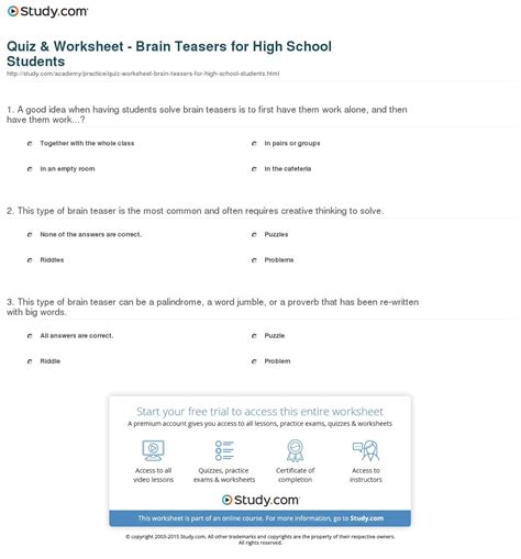 Quiz And Worksheet Brain Teasers For High School Students Study
