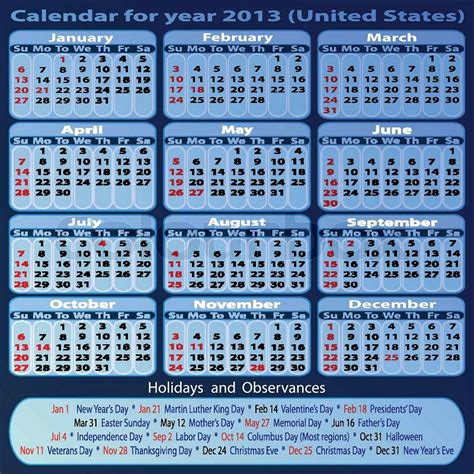 Calendar For Year 2013 United States Stock Vector Colourbox
