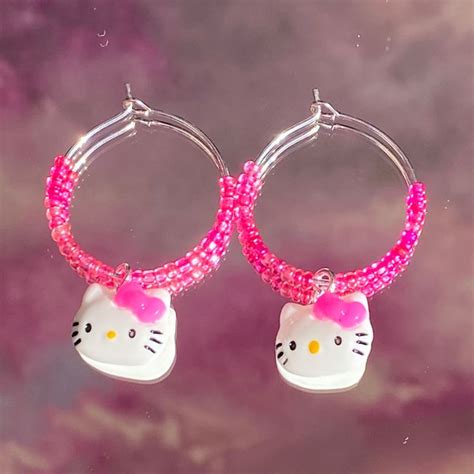 Hello Kitty Sanrio Kawaii Beaded Hoop Earrings Hello Kitty Jewelry Hello Kitty Earrings