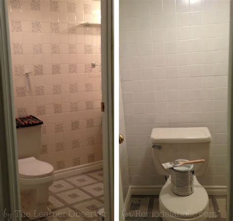 I had painted the tiles with beth and changed the small room from a 50's style monstrosity to a slightly more sophisticated. Remodelaholic | A $170 Bathroom Makeover with Painted Tile
