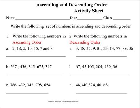 Ascending And Descending Order Activity Sheet Teaching Mathematics