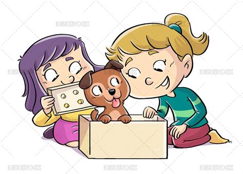 Ilustración Infantil De Niñas Abriendo Una Caja Con Un Perro Dentro
