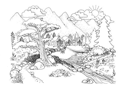 Coloring pages nature landscape forest mountains sea island. Natural Scenery Drawing at GetDrawings | Free download