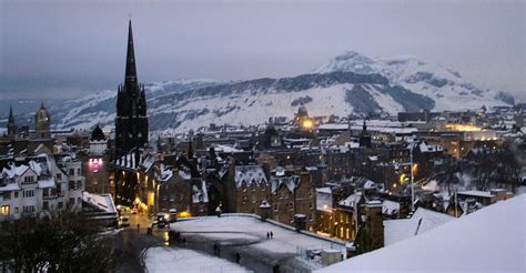 A Snowy Royal Mile And Arthurs Seat From Edinburgh Castle The Prominent