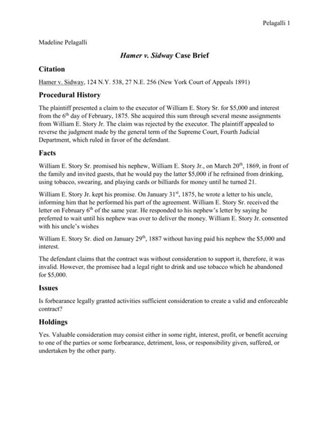 Hamer V Sidway Case Brief Citation Procedural History Facts Issues