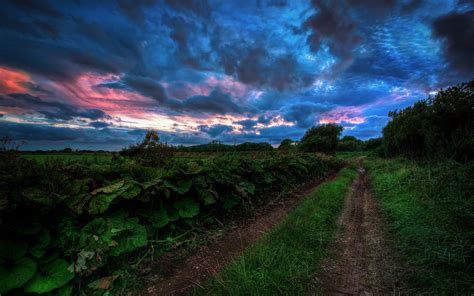 papéis de parede paisagem da natureza à noite grama estrada campo nuvens escuras de azul