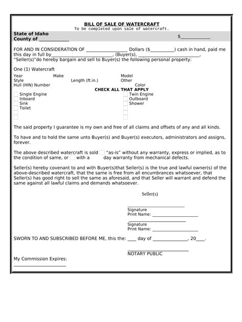Bill Of Sale For Watercraft Or Boat Idaho Form Fill Out And Sign