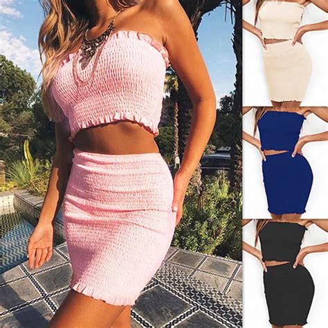 Summer Sexy Women Crop Top Skirt Set Pleated Midi Skirt Bodycon Club Party Two Piece Suit In