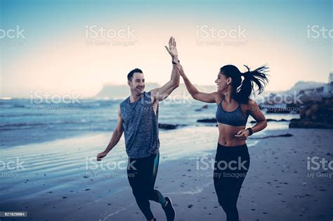 Fitness Couple Giving Each Other High Five After Hard Training Stock