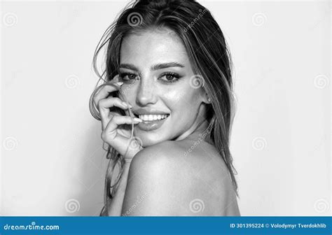 Beautiful Smiling Woman With Naked Shoulder Isolated On White Sensual Beauty Female Model Face