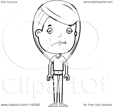Cartoon Clipart Of A Black And White Sad Adolescent Teenage Girl