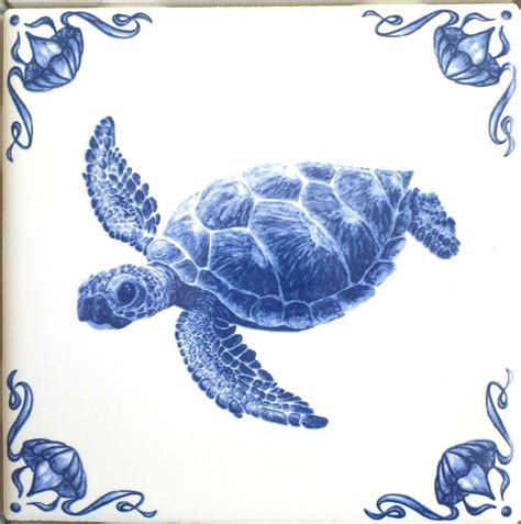 The Kit Oz Blue Delft Design Kiln Fired Ceramic Tile Sea Turtle With
