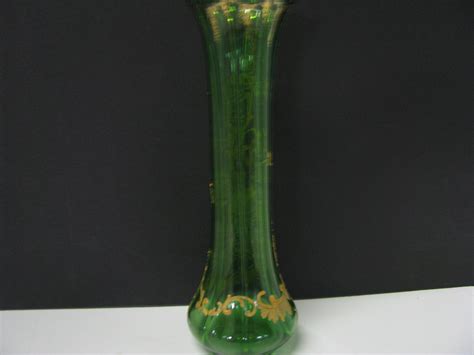 Vintage Glass Green Gold Trim Vase